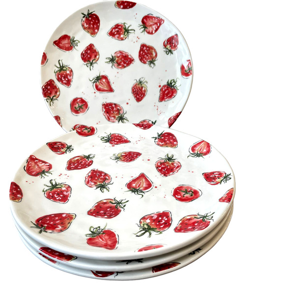 ELI + ANA Handmade Ceramics Strawberry Dinner Plates 11in Set of 4 NEW - Picture 6 of 10
